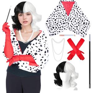 Full Set Women Cruella Cosplay Costume Dalmatian Shawl Black White Coat Dress Up Cosplay with Wig Gloves Necklace Rod