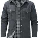 Flygo Mens Flannel Lined Shirt Jacket Lightweight Snap Button Western Jacket Rugged Outdoor Cowboy Shirts Jackets(Grey-XL)