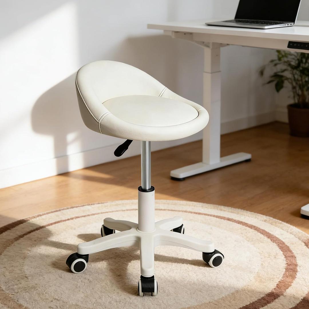 Rolling Stool Chair with Backrest, Round PU Leather Adjustable Height Hydraulic Swivel Rolling Stool for Spa Salon Tattoo Massage Doctor Dental Medical Office Beige, Set of 1