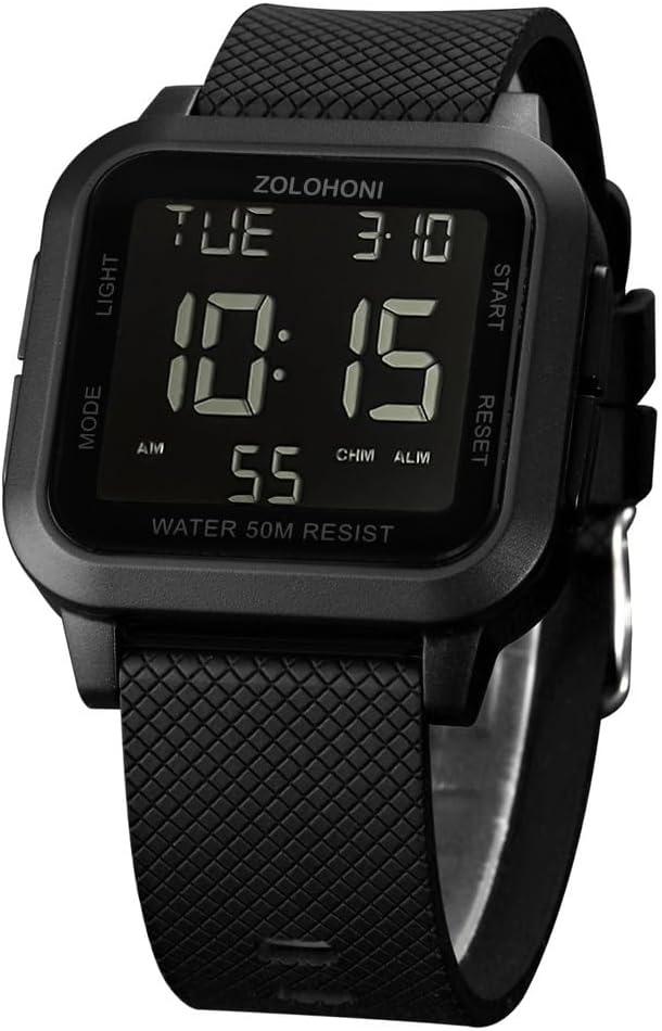 Mens Digital Watch for Men, Stainless Steel Square Watches, Mens Wrist Watches Waterproof Large Face Dual Time Date Watch (Black)