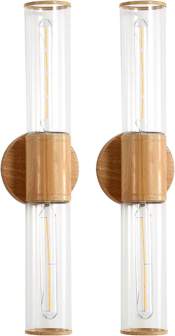 Bathroom Vanity Lighting Fixture, 2-Light Wood Grain Wall Sconce Light Fixture with Clear Glass, E26 Socket Indoor Wall Lamp, Modern Wall Sconce for Mirror Living Room, 2 Pack