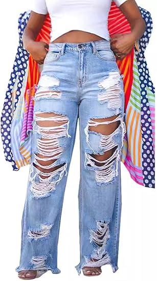 HuiSiFang Women's Ripped Jeans High Waisted Straight Wide Leg Cut Out Destroyed Frayed Tassel Jeans Distressed Baggy Jeans 3XL
