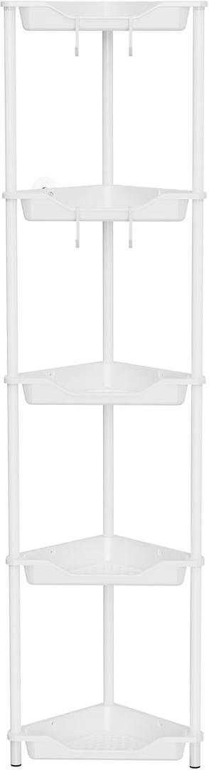 Orimade Rustproof 5 Tier Floor Standing Corner Shower Caddy Organizer, Plastic Metal Splicing Floor Corner Shelf Rack Stands for Bathroom, White