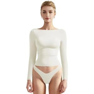 SUUKSESS Women Crew Neck Long Sleeve T Shirts Double Lined Tight Fitted Crop Top, Medium