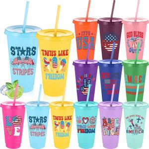 Skylety 12 pcs 4th of July Plastic Cups 24 oz Patriotic Tumbler Lids Straws Memorial Day Party Favors Independence Day Party Decoration Supplies, Light Color
