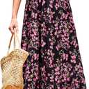 STYLEWORD Women's Summer 2026 Casual Short Sleeve Tiered Flowy Spring Dress Long Midi Beach Sundress Vacation Outfits, Black Pink Floral, Size M