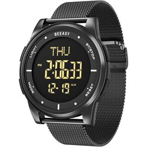 Beeasy Digital Watch Waterproof with Stopwatch Alarm Countdown Dual Time, Ultra-Thin Super Wide-Angle Display Digital Wrist Watches for Men Women (All Black)