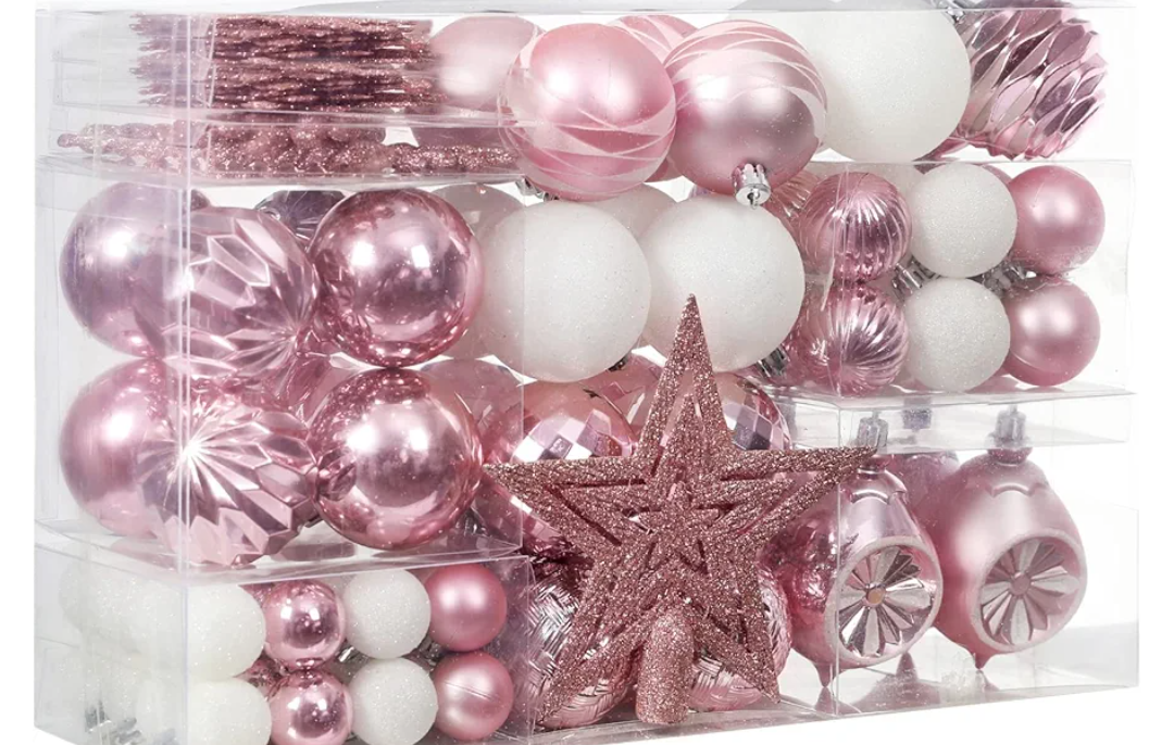 XmasExp 99-Pack Christmas Ball Ornaments Assorted Shatterproof Christmas Tree Decorations with Hand-held Gift Package for Xmas Tree,Home,Party(Baby Pink)