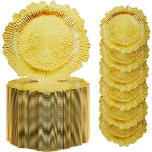 50 Pcs Gold Charger Plates, 13'' Gold Plastic Reusable Dinner Charger Plates, Round Vintage Table Decoration for Wedding, Party & Holiday