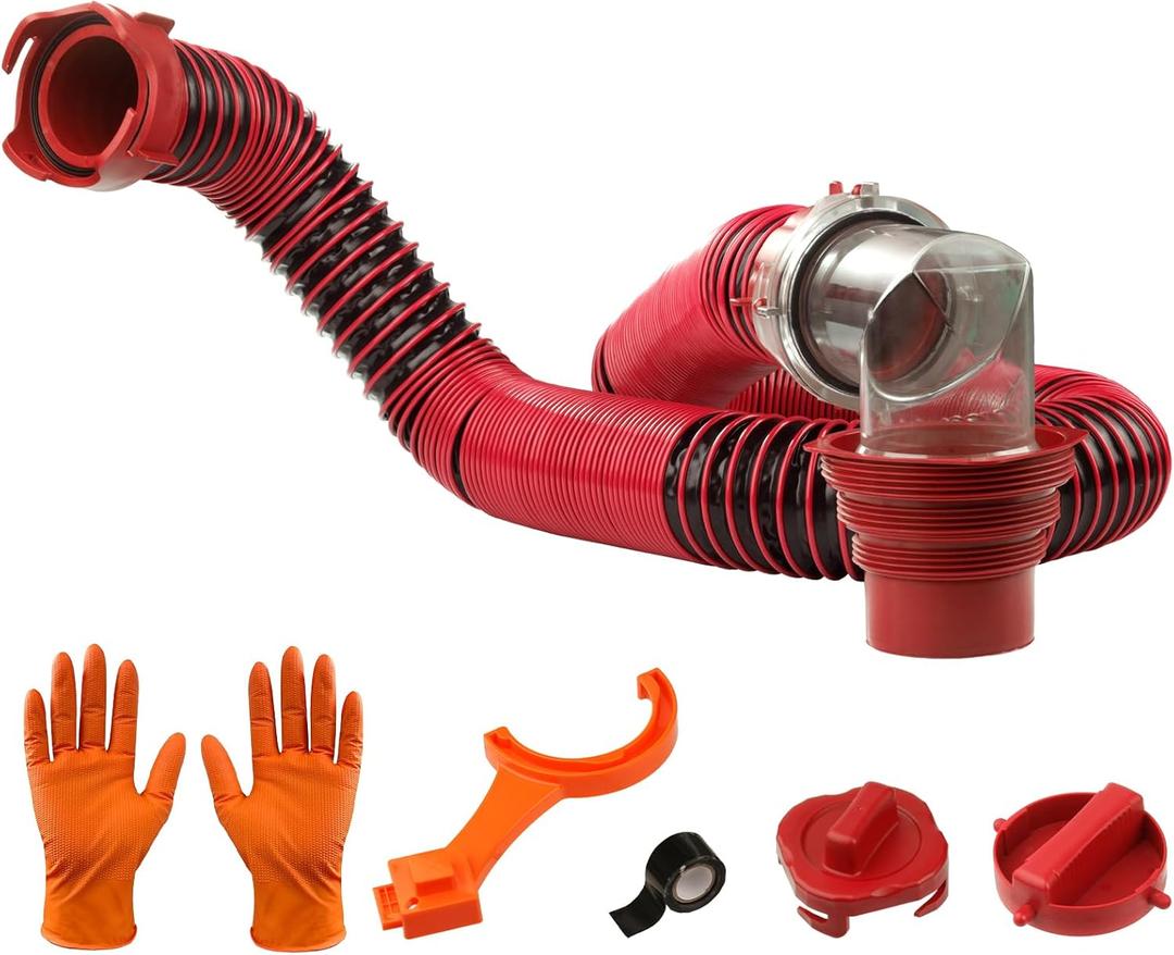 10FT RV Sewer Hose Kit: Heavy Duty Camper Waste Hose with Leak-Proof Swivel Fittings, 90 Clear Elbow, 4-in-1 Adapter, TPE Tech for Crush-Proof and UV-Resistant