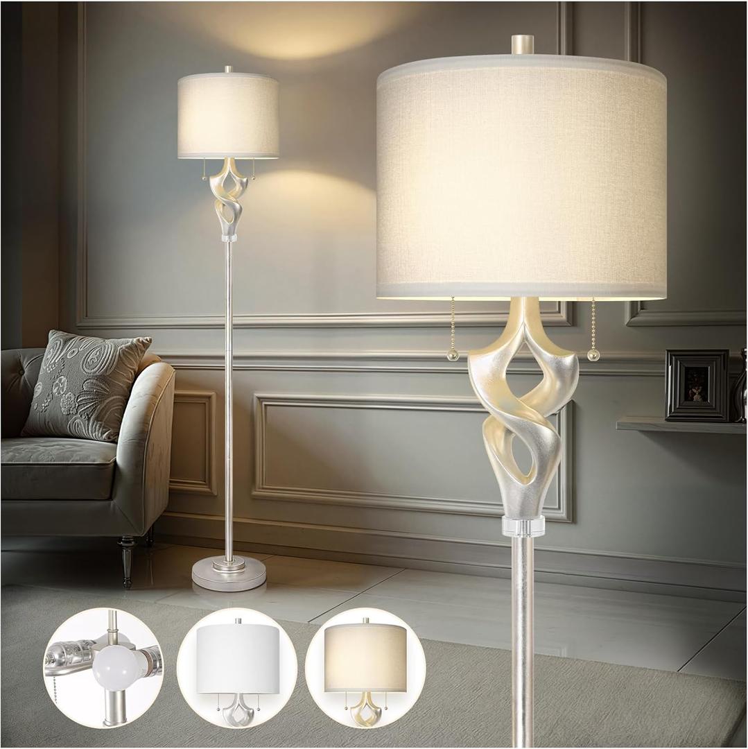 Scenekoy Sculptural 65.5 Floor Lamp for Living Room Bedroom, Silver Leaf Finish & Resin Body, Pull Chains Switch Standing Lamp, Brightness Adjustable Corner Lamp with Bulb Prefer for Home Office Bar