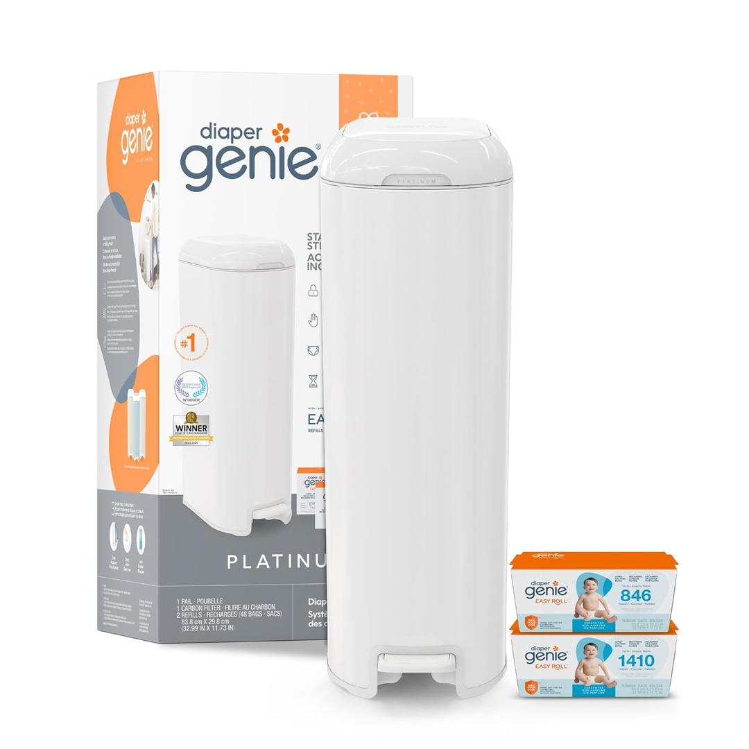 Diaper Genie Platinum Diaper Pail Gift Set | Hands-Free Odor Control with Foot Pedal | Stainless Steel Baby Diaper Pail | Includes 2 Easy Roll Refills 48 Bags Total | Baby Registry Must-Have