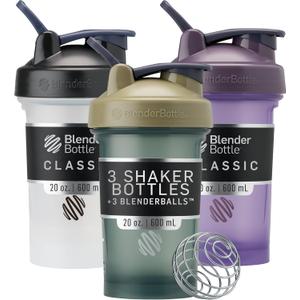 BlenderBottle Classic V2 Shaker Bottle Perfect for Protein Shakes and Pre Workout, 20-Ounce (3 Pack), Black, Tan/Blue, Purple