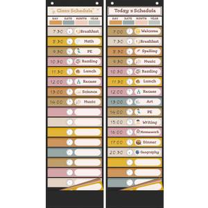 Boho Daily Schedule Pocket Chart for Classroom with 24 Double Sided Cards, Experience Visual Schedule and Back to School Classroom Decorations for Teacher School Supplies, Classroom Must Haves (18+1 Pockets, Black)