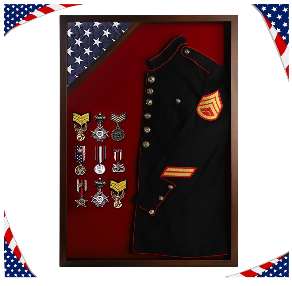 Flag Display Case Military Uniform Shadow Box Fits a Folded 3'x5' Army Navy Air Force Veterans Home Flown Flag with Police Uniform Jacket Display and Felt Lining for Badges and Medals, Walnut Finish