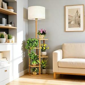 QIJNRHW Plant Stand Indoor with Floor Lights, 5-Tier Tall Wood Floor Lamps Indoor Plant Shelf, Multi-Tier Flower Pot Holder Rack, 63" Tall for Living Room Corner, Bedroom, Small Apartments & Foyers