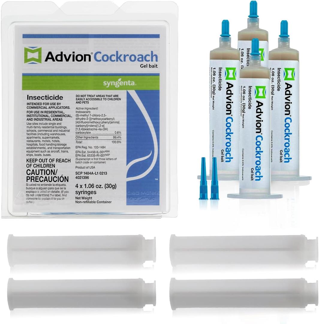 Advion Cockroach Gel Bait, 4 Tubes x 30-Grams, 4 Plunger and 4 Tips, German Roach Insect Pest Control, Indoor and Outdoor Use, Roach Killer Gel for American, German and Other Major Cockroach Species (4.24 Ounce (Pack of 1))