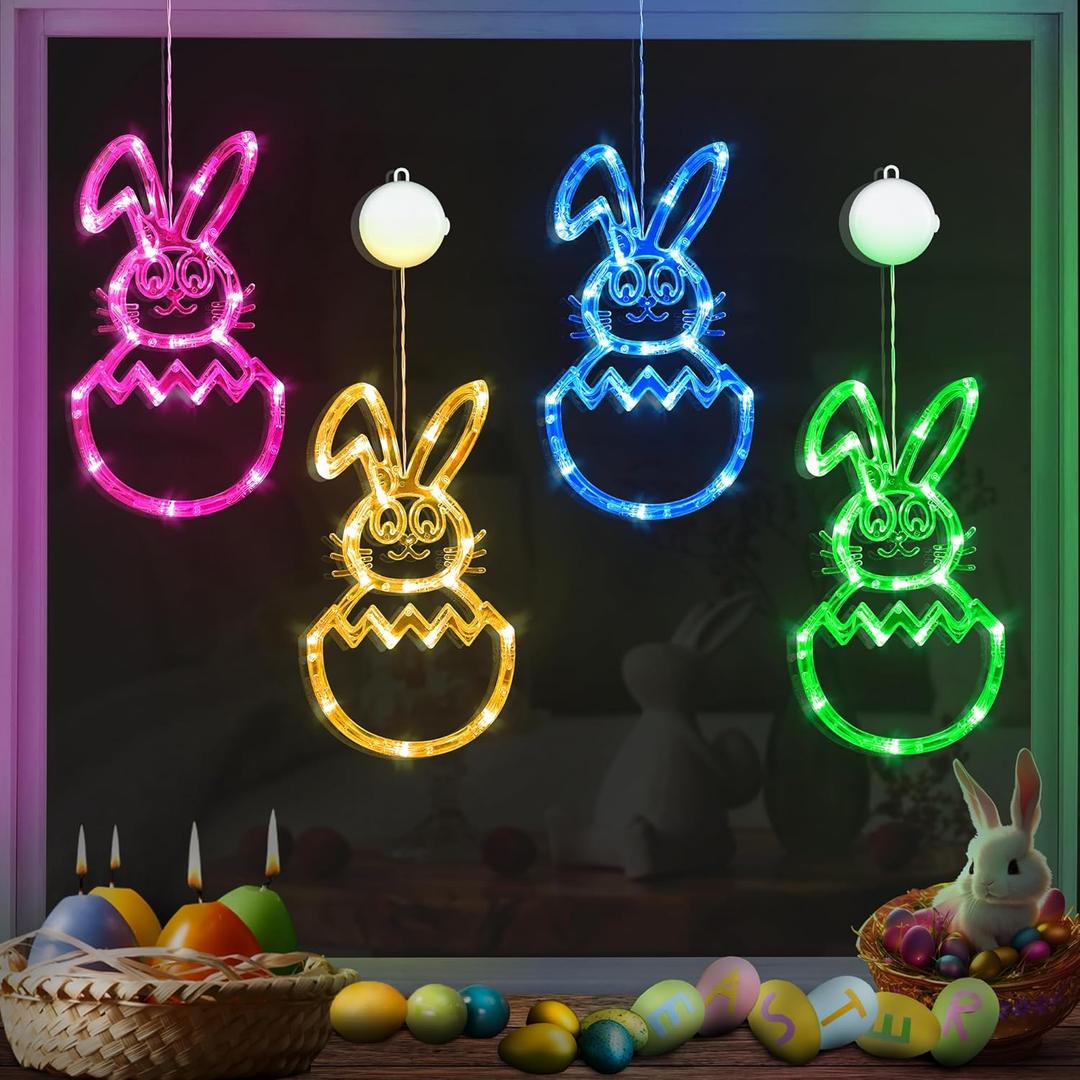 [Timer] Easter Bunny Eggs Window Lights 4 Pack, Blue Pink Yellow Green Easter Lights Battery Operated with Suction Cup Hook, Hanging Cute Easter Window Decorations for Indoor Home Farmhouse Decor
