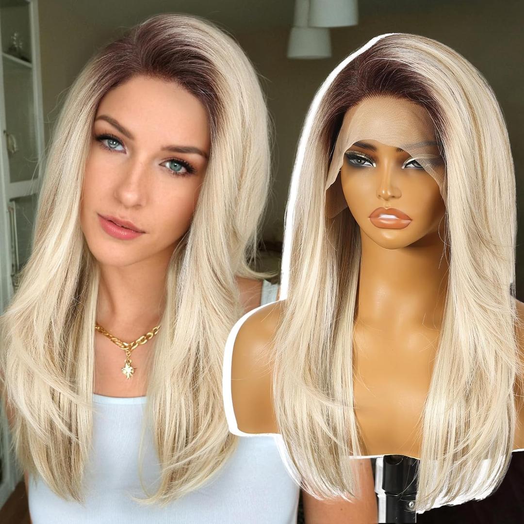 Ombre Blonde Synthetic Lace Front Wig,13X6 Long Straight Layered Glueless Wigs for Women Daily Use 22INTT6/2163#