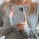 Cold Gray Checkered Print Phone Case Compatible with iPhone 13 Pro 6.1 inch Chessboard Soft Slim Thin ins Frame Design Girls Women Stylish IMD Protective Back Cover Casing(Grey Chessboard)