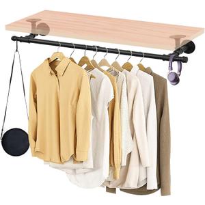 48'' Wall Mounted Clothes Rack Iron Industrial Pipe Clothes Rod with Top Shelf Pipe Rack (Wood Plank Not Included) (48'' 1 Pcs (NOT included wood planks))