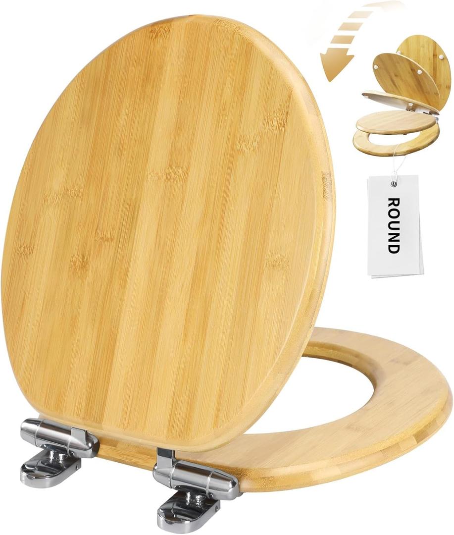 Round Bamboo Toilet Seat with Lid Quick Release Slow Close Zinc Alloy Strong Hinges Natural Bamboo, Light, 17-inch