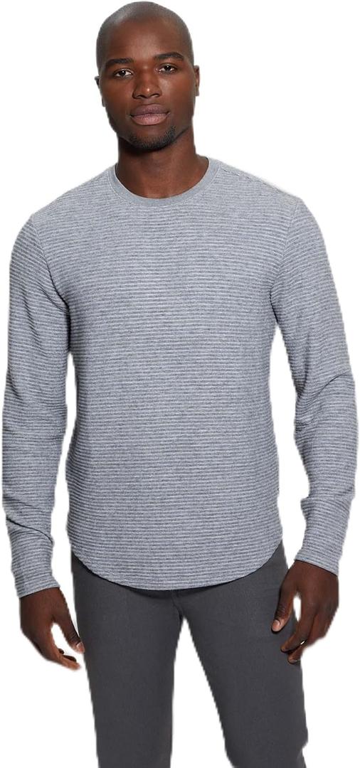 GUESS Mens Long Sleeve Hudson Linear Texture Crew (Small, Heather Grey Multi)