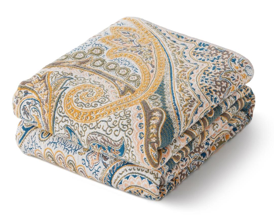100% Cotton Boho Throw Blanket for Home Decor – Classic Farmhouse Quilt Bedding, Muslin Blankets for Adults, Vintage Woven Decorative Blanket for Couch, Bed Layering Use, Paisley Pattern, 50"x60"