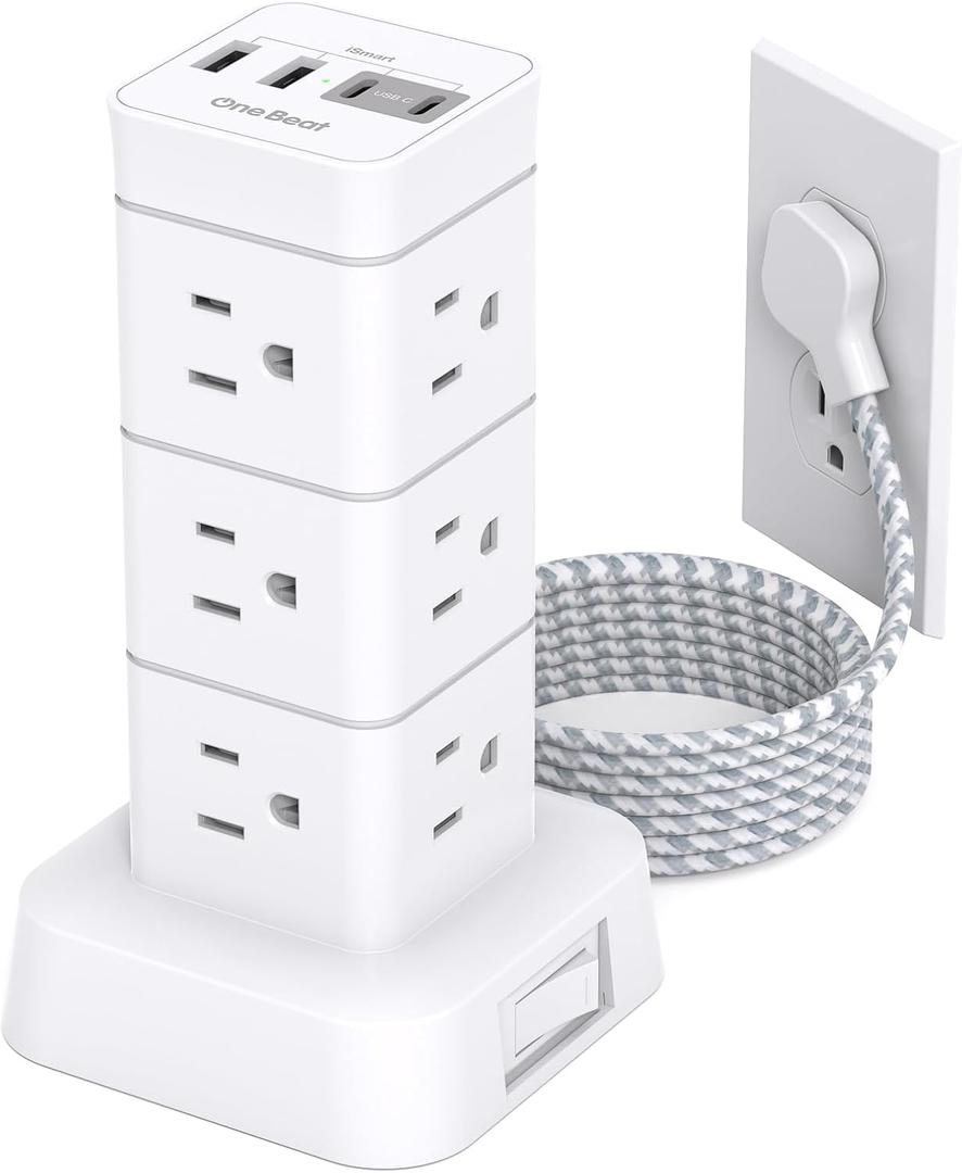 Surge Protector Power Strip Tower, 12 Outlets 4 USB (2 USB C) Desktop Charging Station for Multiple Devices, 6Ft Flat Plug Extension Cord with Multiple Outlets, Home Office College Dorm Essentials (White)