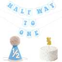 1/2 Birthday Boy Half Birthday Decorations - Half Way To One Banner, 1/2 Birthday Candles and Half Birthday Cone Hat for Boys 6 Months Birthday Decorations Party SuppliesBlue