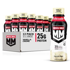 Muscle Milk Genuine Protein Shake, Vanilla Creme, 11.16 Fl Oz Bottle, 12 Pack, 25g Protein, Zero Sugar, Calcium, Vitamins A, C & D, 5g Fiber, Energizing Snack, Workout Recovery 