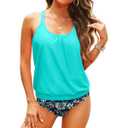 Yonique Blouson Tankini Swimsuits for Women Loose Fit Two Piece Bathing Suits Aqua Green and Floral L
