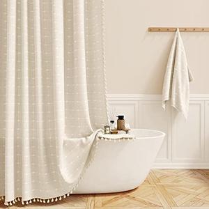 BTTN Extra Long Shower Curtain - 72x96 Inch Long Boho Chic Linen Fabric Heavy Duty Shower Curtain Set with Plastic Hooks, Tall Farmhouse Aesthetic Cute Tassel Shower Curtains for Bathroom, Cream/Beige