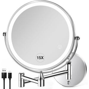 GREENFROM Wall Mounted Lighted Makeup Mirror: 8.5 Inch Double Sided Makeup Mirror with 1X/15X Magnification for Vanity, Bathroom, and Shaving - Chrome