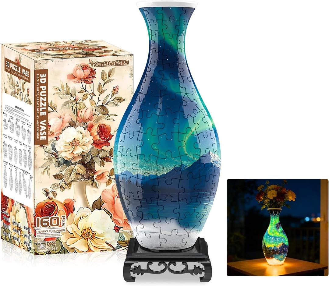 3D Puzzles Vase for Adults, Crafts for Adults, 160 Pieces Plastic DIY Unique Flower Vase with LED Light, House Warming Gift Birthday Gifts for Flower Arrangements and Home Decor (Night Light)