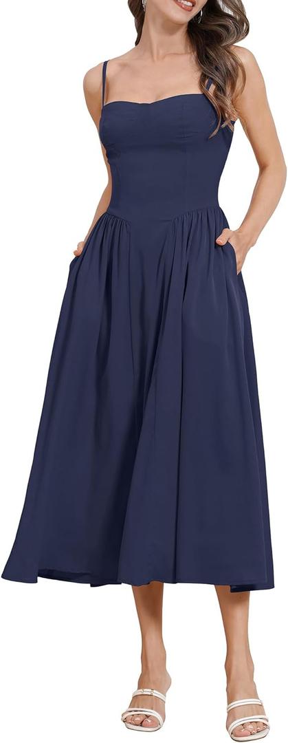 Women Floral Corset Dress Boho Spaghetti Strap Lace Up Casual Midi Dresses with Pockets Low Cut Flowy Bustier Sundress (X-Small, Navy Blue)