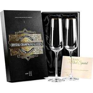 Gold Rim Champagne Gift Glasses | Set of 2 | Crystal Square Toasting Flutes for Bride and Groom, Wedding, Anniversary, Birthday | Elegant Long Stemmed Glassware for Sparkling Wine, Prosecco