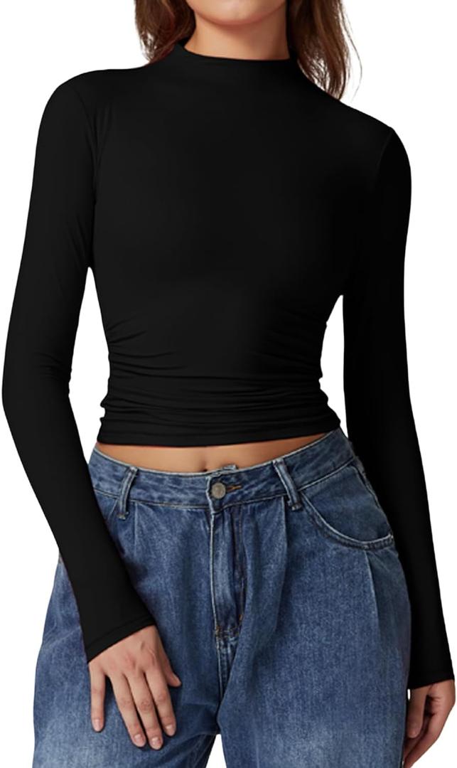 QINSEN Womens Mock Neck Long Sleeve Shirt Double Lined Basic Tees Side Ruched Going Out Crop Tops (X-Small, Black)