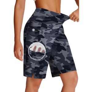 MIVEI Women's 7" Long Swim Board Shorts with Zipper Pockets High Waisted Quick Dry Beach Swimming Swim Suit Bottom with Liner Camo Grey