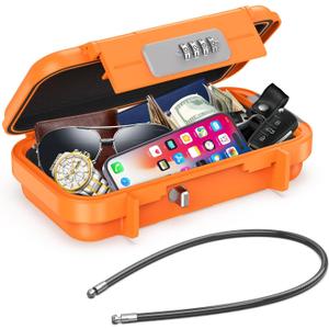 AMIR Portable Combination Lock Box, Security Case Lock Box with Code, Waterproof Anti-Theft Mini Travel Safe Box with Removable Chain, Portable Lock Box for Dorm Beach Hotel (Orange)