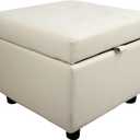 H&B Luxuries Tufted Leather Square Flip Top Storage Ottoman Cube Foot Rest (Cream with Storage)