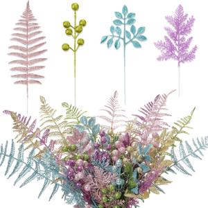 Moucuny 40 Pcs Christmas Glitter Artificial Picks Set Leaf Sprays Cedar Picks Glitter Berries Stems Tropical Leaf Pine Needles Christmas Stems Branches for Tree Vase Home(Colorful)