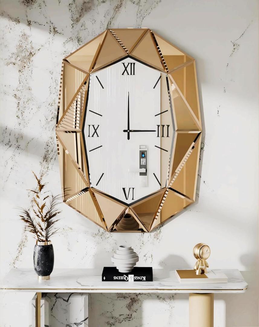 Mirrored Wall Clock Decorative: Large Oval Diamond Shape Silver Vanity with Brown Glass Mirror Beveled Frame Edge 40x28 inch Modern Home Art Deco for Living Room Dining Room Mirrored Wall Clock Decorative: Large Oval Diamond Shape Silver Vanity with Brown Glass Mirror Beveled Frame Edge 40x28 inch Modern Home Art Deco for Living Room Dining Room