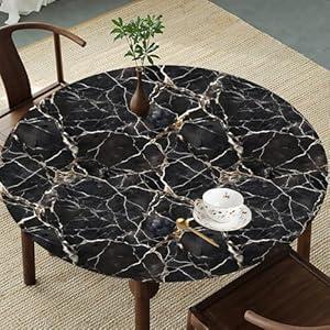 SuxiGlo Black Marble Round Tablecloth – Fitted Circle Table Cover with Elastic Edge, Waterproof & Washable Polyester Table Cloth for 35" to 42" Indoor/ Outdoor Tables