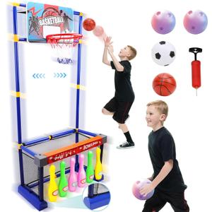 COUOMOXA 3-in-1 Sports Toy for Kids: Movable Basketball Hoop Bowling and Soccer Goal - Skills Training Set for Kids Age 3-8 Indoor Outdoor Backyard - Birthday Gifts for Boys Girls