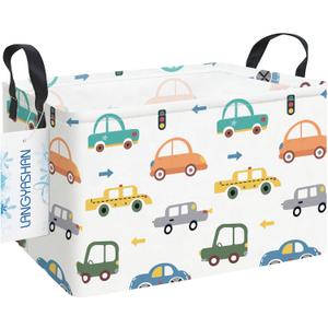 LANGYASHAN Rectangular Storage Bin Collapse Canvas Fabric Cartoon Storage Basket with Handles for Organizing Home Kitchen Boys and Girls Toys Office Closet Shelf Baskets(Rec Color Cars)