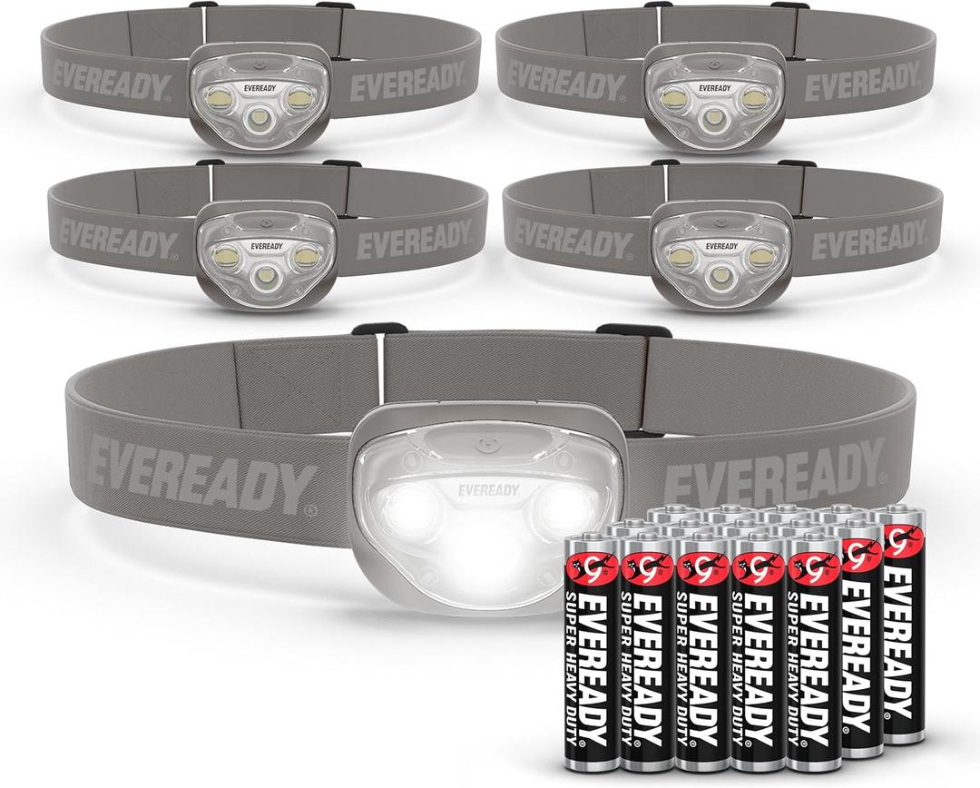 EVEREADY LED Headlamps Pro200 [5-Pack], IPX4 Water Resistant, Bright and Durable Head Lights for Camping, Hiking, Emergency Power Outage (Batteries Included) (Gray)