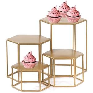 Aifeorzo Metal Display Risers Set, Set of 4 Upgraded Hexagonal Nesting Buffet Riser, Modern Brass Buffet Display Stands for Food, Food Display Risers for Buffet Cupcake Small Potted Plants - Medium