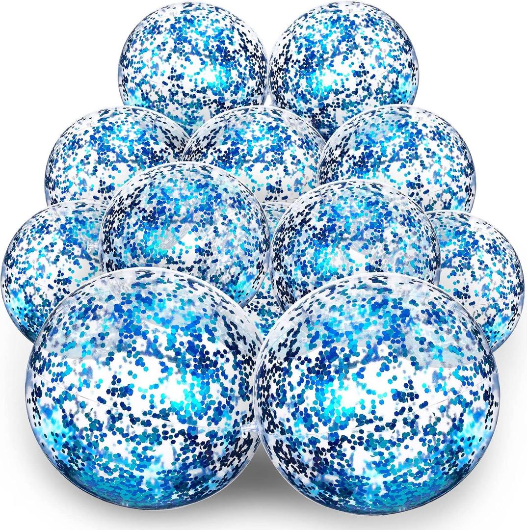 Lewtemi 12 Pcs Inflatable Sequins Beach Balls 24 Inch 16 Inch Giant Confetti Shiny Balls Swimming Pool Beach Toys for Summer Party Decor Glow in The Dark Pool Party(Blue)