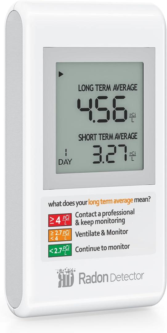 Home Radon Detector with BracketPortable Radon Test Kit for Home with Long and Short Term Radon Monitoring, Lightweight, Easy-to-Use, AAA Battery-Powered USA Version, PCi/L (White)